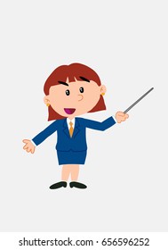 White businesswoman. Vector illustration isolated in a funny cartoon style. The character points with a pointer something to his side in a positive attitude.