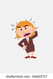 White businesswoman. Vector illustration isolated in a funny cartoon style. The character is angry while raising the finger, menacing.