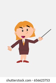 White businesswoman. Vector illustration isolated in a funny cartoon style. The character points with a pointer something to his side in a positive attitude.