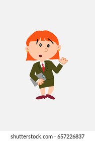 White businesswoman. Vector illustration isolated in a funny cartoon style. The character is surprised by something at her side; she has a document in her hand.