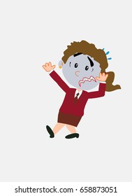 White businesswoman. Vector illustration isolated in a funny cartoon style. The character is terrified.