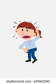 White businesswoman. Vector illustration isolated in a funny cartoon style. The character is angry while raising the finger, menacing.