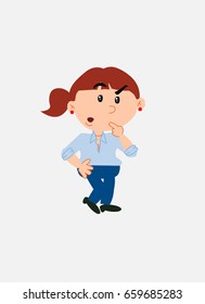 White businesswoman. Vector illustration isolated in a funny cartoon style. The character is doubting.