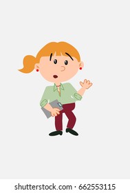 White businesswoman. Vector illustration isolated in a funny cartoon style. The character is surprised by something at his side; she has a document in her hand.
 
