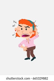 White businesswoman. Vector illustration isolated in a funny cartoon style. The character is angry while raising the finger, menacing.