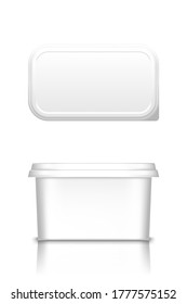 White butter, cheese or margarine container with lid mockup - front and top view. Blank plastic food package: cream, yogurt, dessert, spread. Product template. Isolated 3d vector illustration