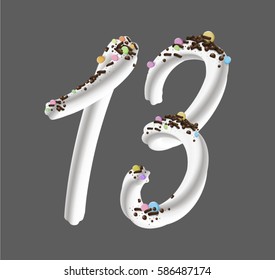 White butter cream figure 13 with chocolate and colorful candy sprinkles. Vector illustration in 3d photorealistic style isolated from the background for designs: birthday invitation, greeting cards.