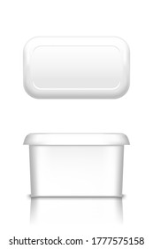 White butter, soft cheese or margarine container with lid mockup - front and top view. Blank plastic food package: cream, yogurt, dessert, spread. Product template. Isolated 3d vector illustration