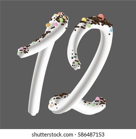 White buttercream number 12. Cream candy twelve number font. Vector illustration in 3d photorealistic style isolated from the background for designs: birthday invitation, greeting cards.