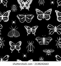 White butterflies and bugs seamless pattern