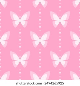White butterflies, hearts and dots on pink background. Vector seamless pattern. Best for textile, print, wallpapers, and wedding decoration.