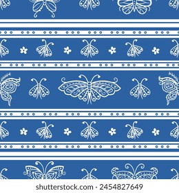 White butterflies in line style in horizontal stripes on a blue background. Seamless repeated surface vector pattern design.