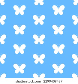 Mariposas blancas con fondo azul. Patrón veloz. Lo mejor para textiles, impresos, papeles pintados y decoración de bodas.