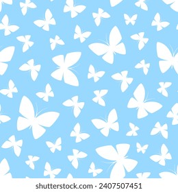 White butterflies on blue background. Vector seamless pattern. Best for textile, print, wallpapers, and your design.