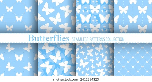 White butterflies on blue background. Vector seamless patterns collection. Best for textile, print, wallpapers, and wedding decoration.