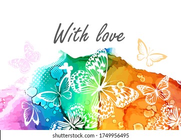 White butterflies on a watercolor multicolored background. Vector illustration