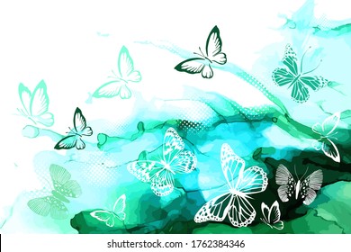 White butterflies on a watercolor multicolored background. Vector illustration