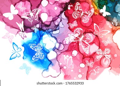 White butterflies on a watercolor multicolored background. Vector illustration