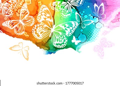 White butterflies on a watercolor multicolored background. Vector illustration
