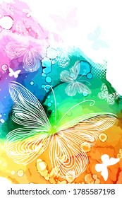 White butterflies on a watercolor multicolored background. Mixed media. Vector illustration