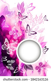 White butterflies on a watercolor Violet background. Round frame for text. With love. Vector illustration