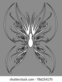 White butterfly with a black stroke on a gray background.