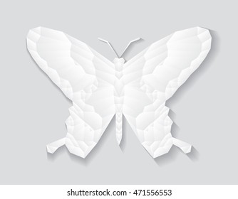 White butterfly low polygon and shadow on gray background, geometric insect polygonal style