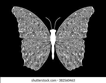 White butterfly on a black background. Zentangle style. Vector illustration.