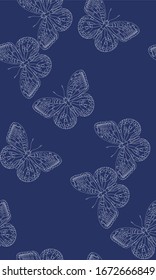 White butterfly on blue background. Seamless pattern. Vector illustration