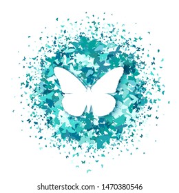 White butterfly on round of turquoise glitter confetti butterflies on white background. Vector. Creative concept for wedding invitations, cards, tickets, congratulations, branding, logo, label.