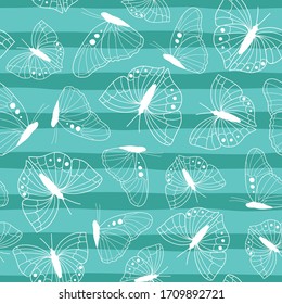 White butterfly outline seamless pattern on green stripes background