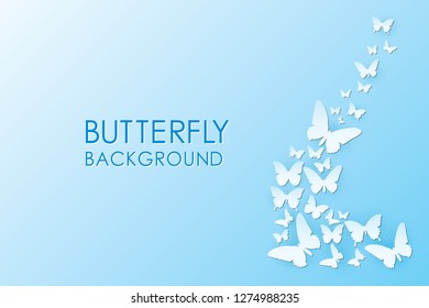 White butterfly paper art icon on blue banner background, wedding card invitation printing template. Love flying wings backdrop bright cyan wallpaper.