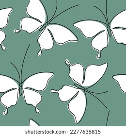 White butterfly seamless pattern vector. Abstract outline backdrop illustration. Green wallpaper, graphic background, fabric, textile, print, wrapping paper or package design.