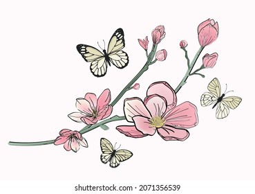 white butterfly vector art design hand drawn magnoliia flower