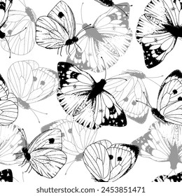 White Butterfly Vector Pattern. Vintage seamless background. Black line art drawing of insect wings. Outline illustration of flying moth. Hand drawn cute animal. Print for birthdays and weddings