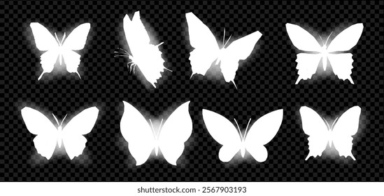 White butterfly Y2K silhouette with luminescent transparency. Vector icon with cute wing shape on background. Simple spring pattern set for art and design collection.