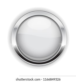 White button with chrome frame. Round glass shiny 3d icon. Vector illustration isolated on white background