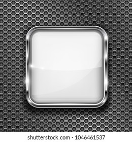 White button frame on perforated background. Square glass 3d icon with metal frame. Vector illustration
