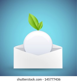 White button with leaf inside envelope. Vector design.