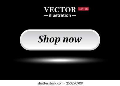 White button on a black background. button for a site. Shop now. Vector illustration, EPS 10