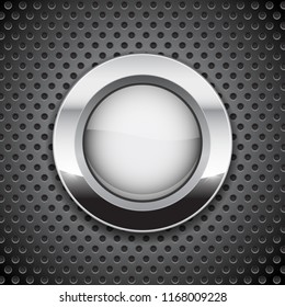 White button on metal perforated background. Round glass icon with chrome frame. Vector 3d illustration