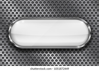 White button on perforated background. Oval glass 3d icon with metal frame. Vector illustration
