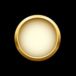 White Button In Round Gold Frame Vector Illustration. 3d Realistic Shiny Metal Golden Circle Ring On Green Push Click Button For Website, Abstract Badge Element Design Isolated On Black Background