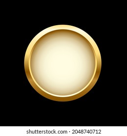 White button in round gold frame vector illustration. 3d realistic shiny metal golden circle ring on green push click button for website, abstract badge element design isolated on black background