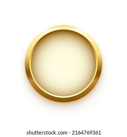 Botón blanco en la ilustración del vector del marco de oro redondo. 3d anillo de círculo de oro de metal brillante realista sobre botón pulsador para sitio web, diseño de elemento de insignia abstracto o medalla aislada en fondo blanco.