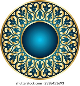 White button in round gold frame vector illustration. 3d realistic shiny metal golden circle ring on green push click button for website, abstract badge element design isolated on black background
