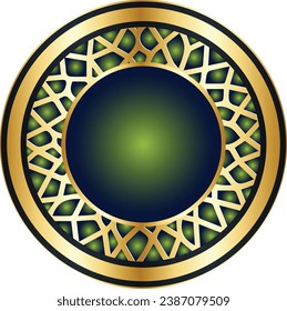 White button in round gold frame vector illustration. 3d realistic shiny metal golden circle ring on green push click button for website, abstract badge element design isolated on black background
