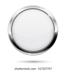 White Button. Round Web Icon With Metal Chrome Frame. Vector Illustration Isolated On White Background