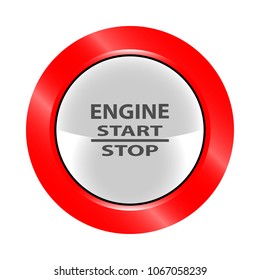 White button for sites in the red case, vector illustration. Background of the application. Engine inscriptions, start, stop. Start, stop the car engine.