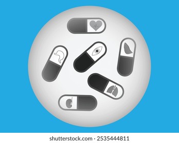 White button with six capsules pills with human body organs inside